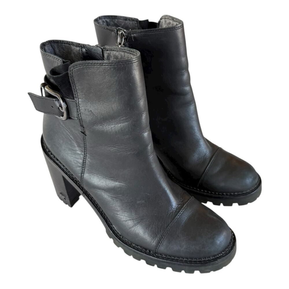 SAM EDELMAN Black Leather Stacked Heel Treaded Sole Shania Bootie Sz 8 READ